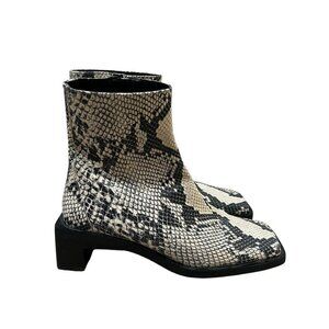 Zara Python Snakeskin Embossed Leather Block Heel Ankle Boots Size 37 US 6.5